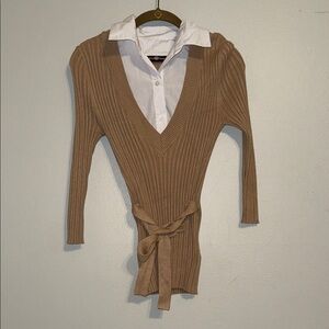 It's Our Time Tan Sweater blouse with White Collar